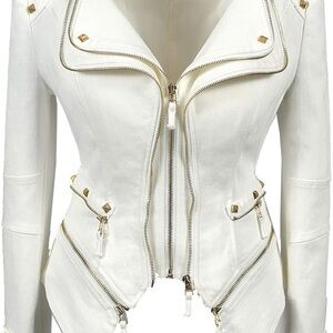 Women’s white moto jacket with gold detail